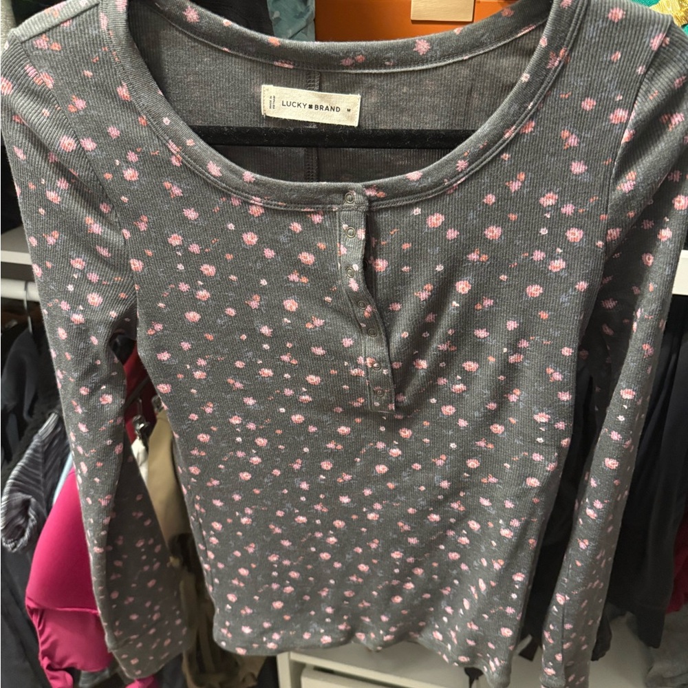 Lucky Brand Charcoal and Pink Floral Top